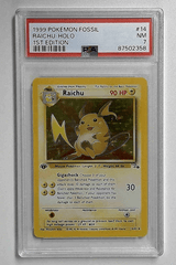 V1128: 1999: RAICHU-HOLO: 14/62: 1ST EDITION: FOSSIL: PSA 7: NM: 87502358